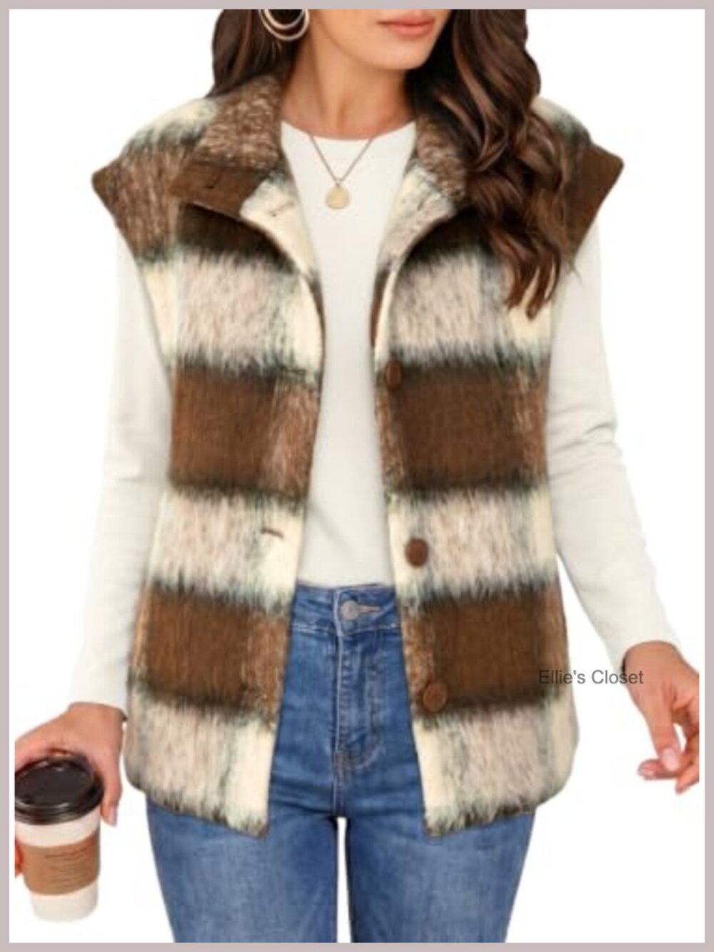 Oversized Plaid Vest Cap Sleeve Button Front Layering Women